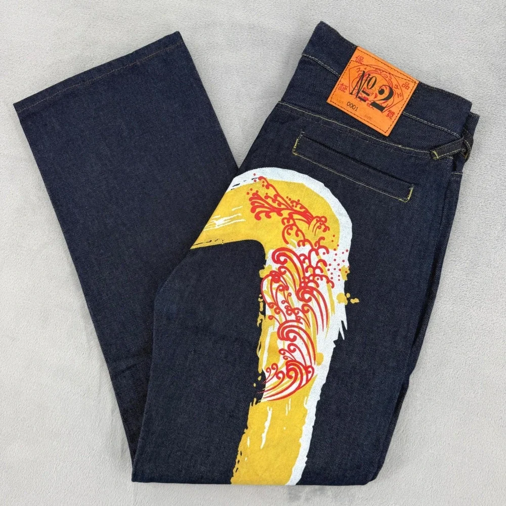 Evisu Osaka Japan Men Raw Denim Jeans Size 30 Dark Wash Wave Graphic Japan Made